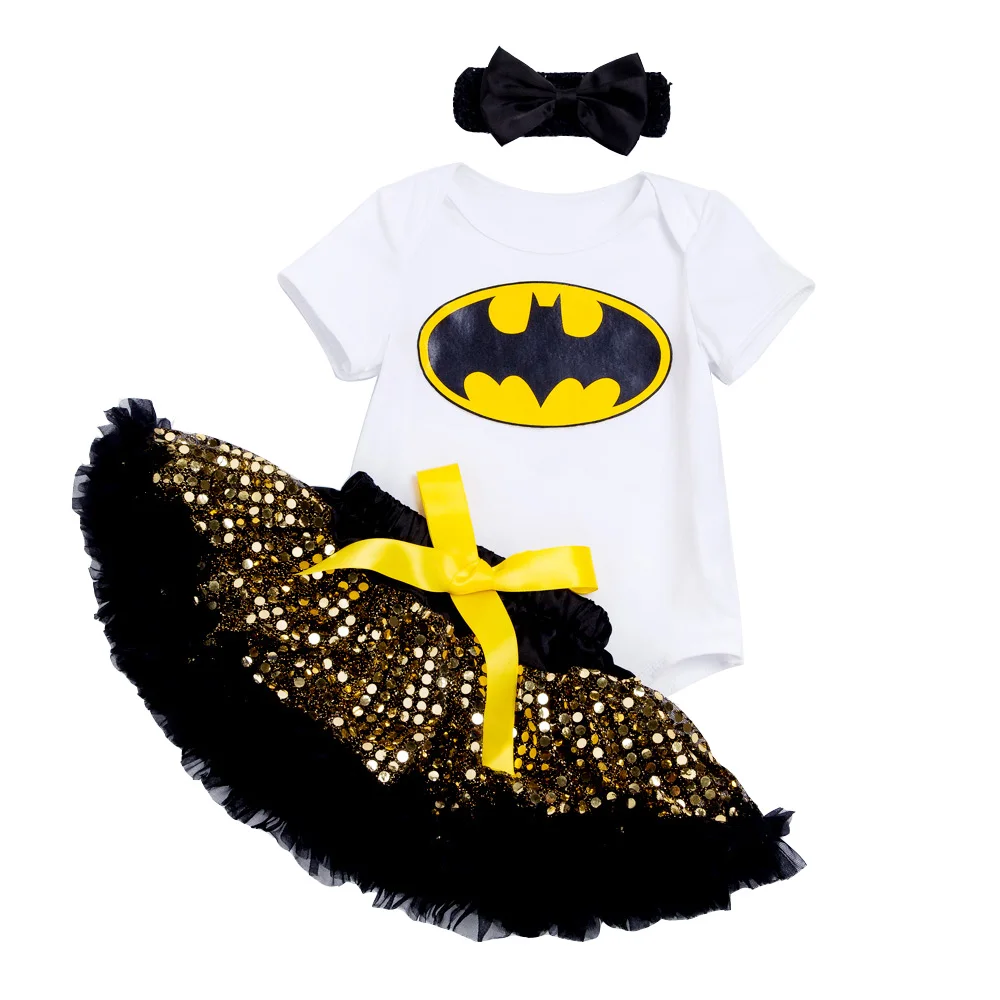 

Halloween Paillette Girls Baby Clothing Bat Character Printed Bodysuit Yellow Sequin Tutu Skirts 2017 Free Shipping Baby Clothes