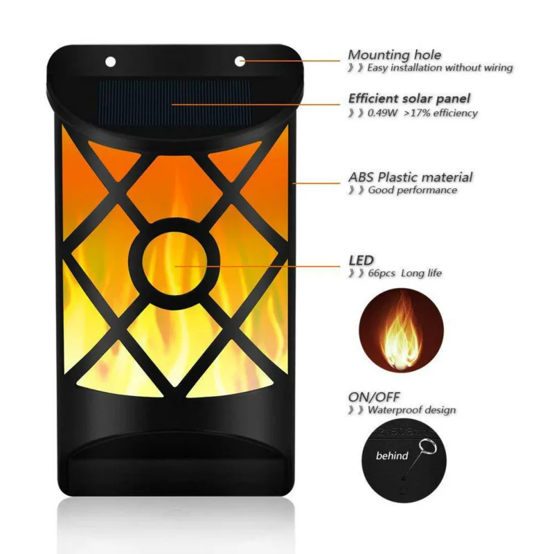 IP65 Waterproof  Flashing Flame Light Solar Light Outdoor Night Light Garden Lighting Flame Wall Lamp ABS Material Sun Powered 