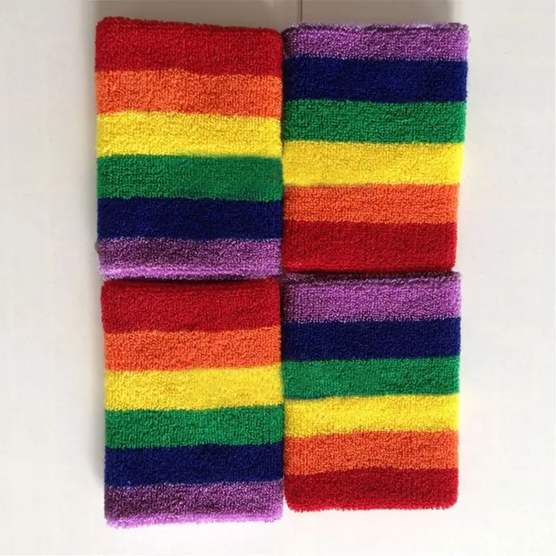 Women Men Sports Towel Sweatband Rainbow Colorful Stripes Breathable Bracers Running Badminton Wrist Support Wrap leather wristband bracelet