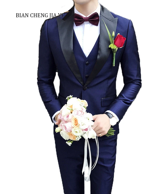 

Fashionable Navy Mens Peak Collar Suits Tuxedos Wedding Suits For Men Costume Hommes Smoking Dinner Party Groom Marriage Suits