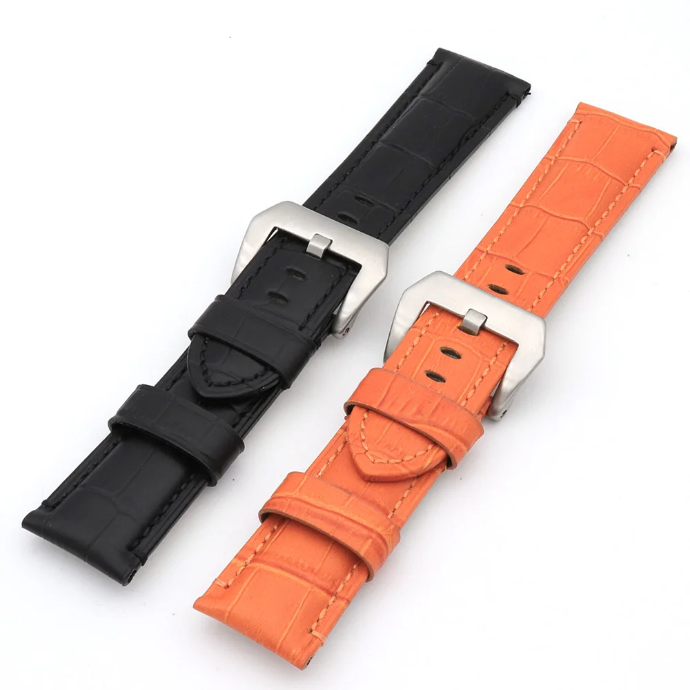

Aqueena 24mm Orange Black Top Genuine Leather Watch Band Exchange Replacement Watchband Strap Loop With Silver Screw Buckle