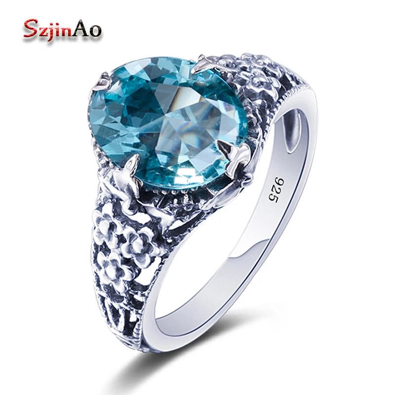 

Szjinao stylish Russian 925 Sterling Silver Ring Handmade Aquamarine Cute Rings for Women Anniversary Wedding Engagement Women