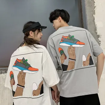 

2019 Spring And Summer New Back Anime Shoes Pattern Printing Round Neck Short-sleeved Couple Students Cotton Casual T-shirt