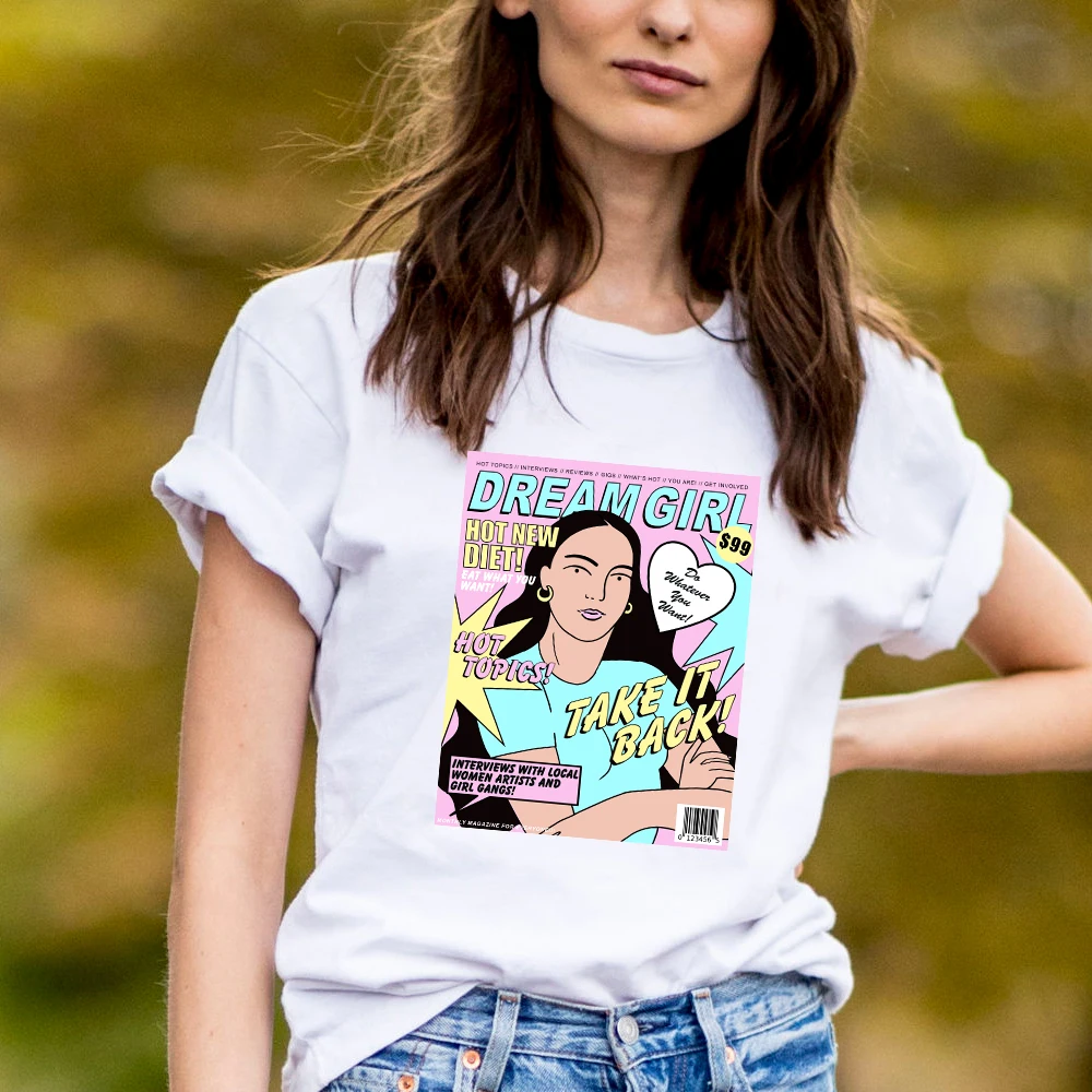 Футболка Vogue Girl с винтажным принтом журналов для женщин 100% хлопок белые базовые