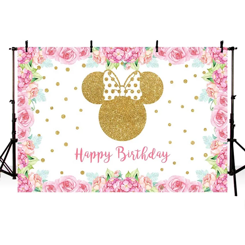 

NeoBack Pink Theme Gold Polka Dots Minnie Photography background Flowers 1st Birthday Party Backgrounds For Photo