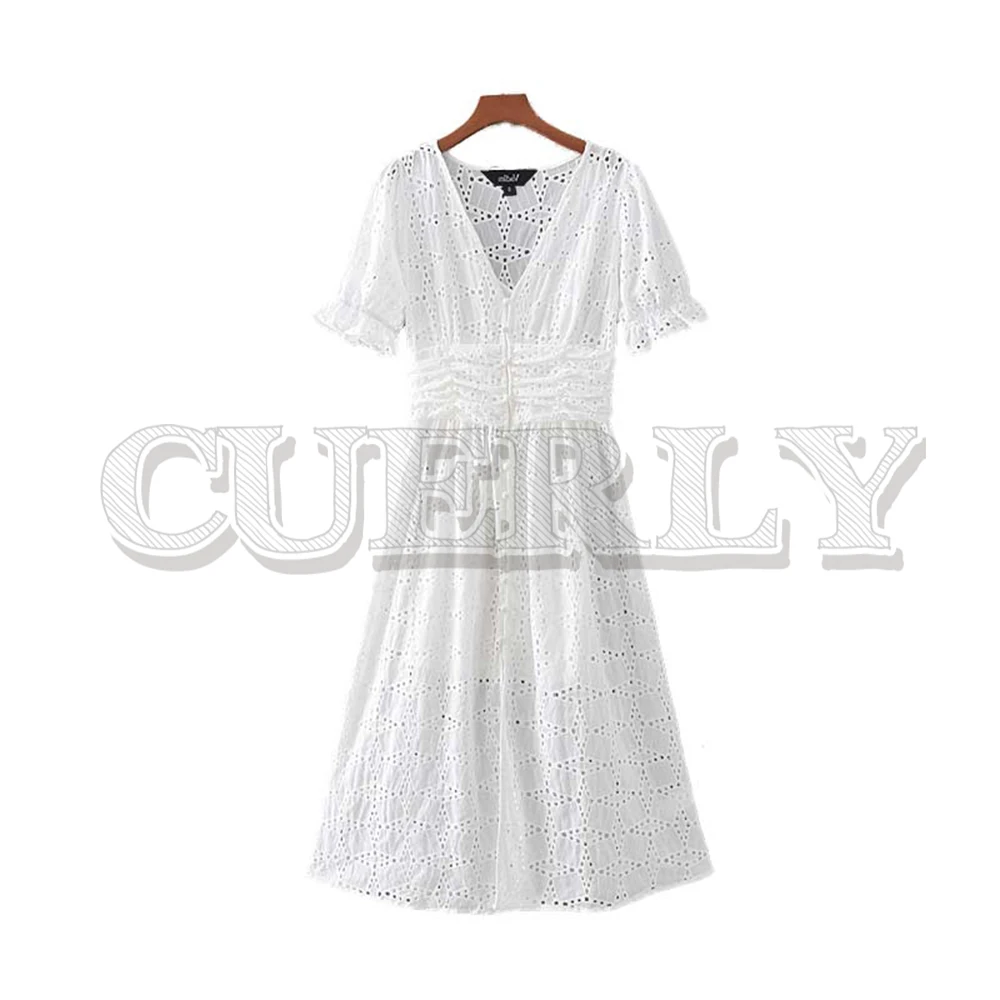 

CUERLY women hollow out V neck midi dress embroidery short sleeve pleated casual A line sweet female white dresses vestidos