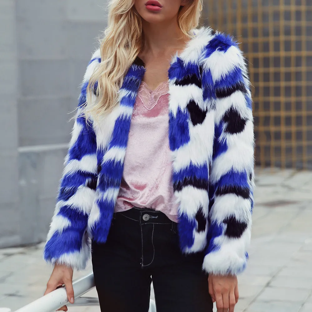 

Womens Ladies Casual Sexy V-Neck Warm Faux Fur Coat Jacket Winter Gradient Color Parka Outerwear Gift