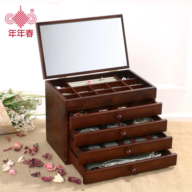 

2016 Organizador Organizer Wooden Jewelry Box Style Retro Boxes Drawer With A Large Capacity Mirror Dressing Storage & Bins
