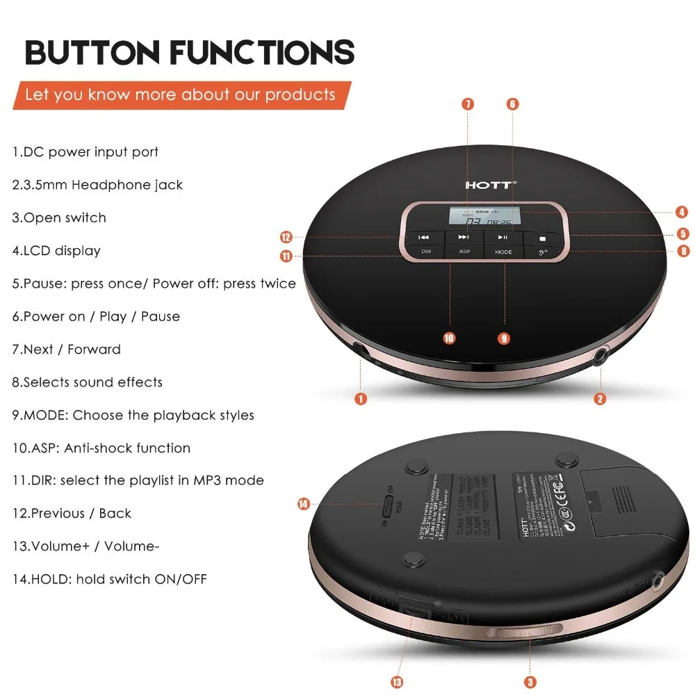 Портативный CD-плеер HOTT персональный Компактный Дисковый плеер с наушниками и адаптером питания Walkman с защитой от ударов