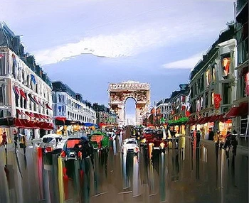 

Modern handmade painting street go to Paris triumphal arch after snow on oil canvas for home decor and wallpaper