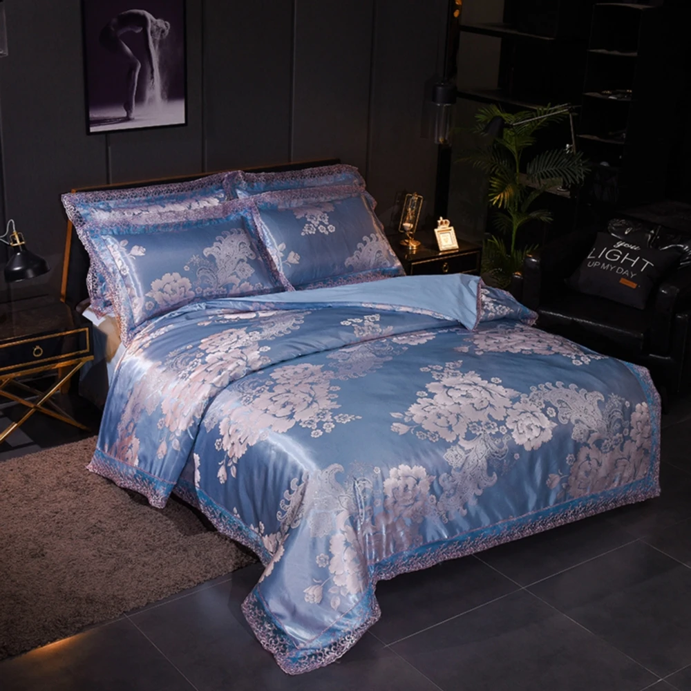 

Wedding Luxury Bedding Sets Jacquard Queen/King Size Duvet Cover Set Bedclothes bed sheet Modal jacquard lace Sky blue flowers