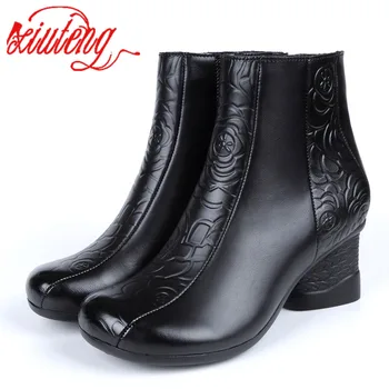 

Xiuteng Fashion Embossed Microfiber Leather Women Ankle Boots Round Toe Cowboy Boots Women Thick Heels Runway Ankle Boots