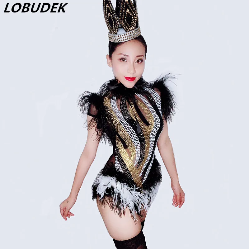 

Sexy See-through Black White Feathers Rhinestones Bodysuit Women Singer Modern Dance Costume Mesh Perspective Show Stage Wears