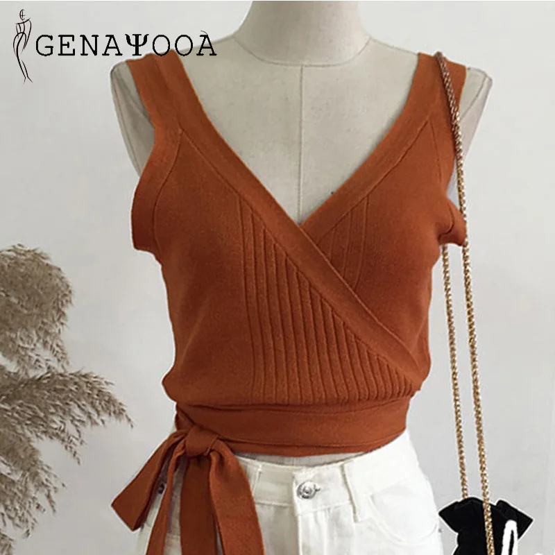 

Acinth Girl Hy Knitted Women Crop Tops Bralette Casual Off White Deep V Neck Top Bow Sleeveless Tank Tops Summer Elastic Camis