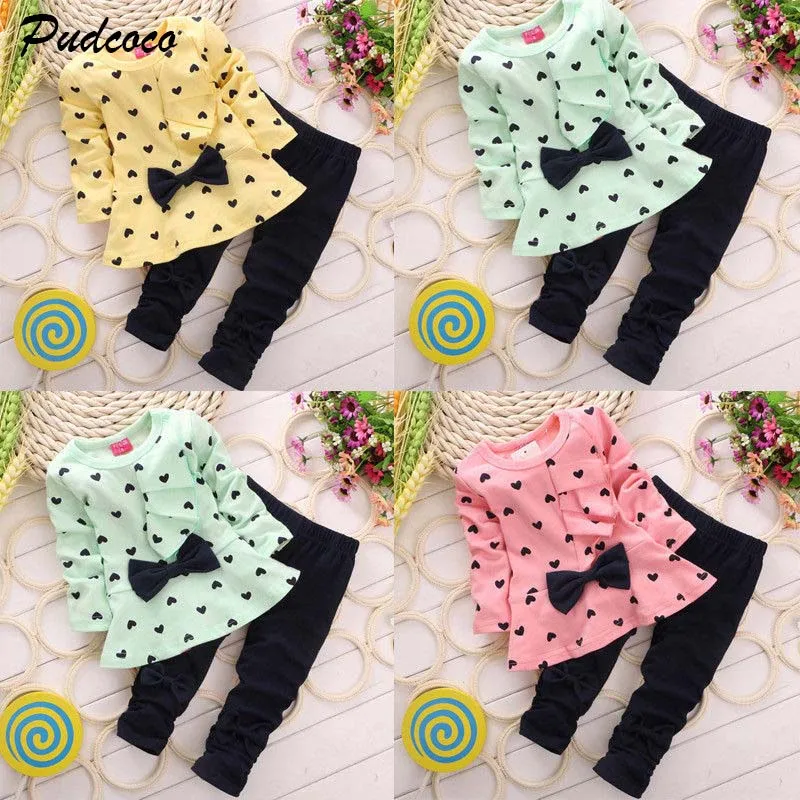 Г., брендовая детская одежда с длинными рукавами для девочек топ с рукавами+ леггинсы, штаны с бантом, с принтом сердца, весенне-осенний хлопковый комплект для малышей