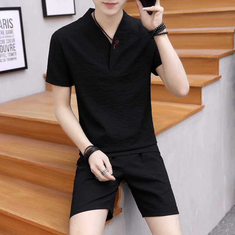 Summer clothes men's 2 pieces sets Casual shorts and Short-sleeved t shirt men breathable Slim Fit V neck linen suits 2019 new Summer clothes men's 2 pieces sets Casual shorts and Short-sleeved t shirt men breathable Slim Fit V neck linen suits 2019 new