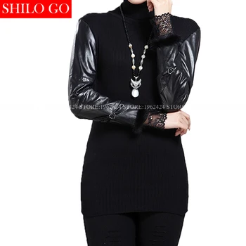 

Autum fashion women high quality Sheepskin stitching turtleneck office OL black knitting sexy lace diamond love pullover