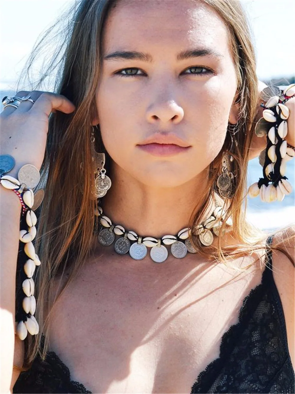 

Gypsy Turkish Summer Beach Coin Tribal jewery Sets Bohemian Ethnic Rope Chain Natural Shell Necklace Bracelet for women Anklet