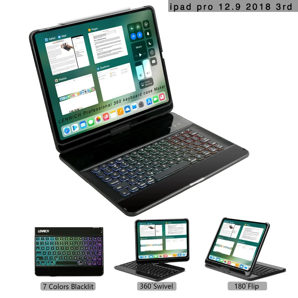 

For 2018 iPad Pro 12.9 inch 3rd Gen case keyboard, bluetooth keyboard case cover, rainbow backlight keys 360 rotatable 180 flpi