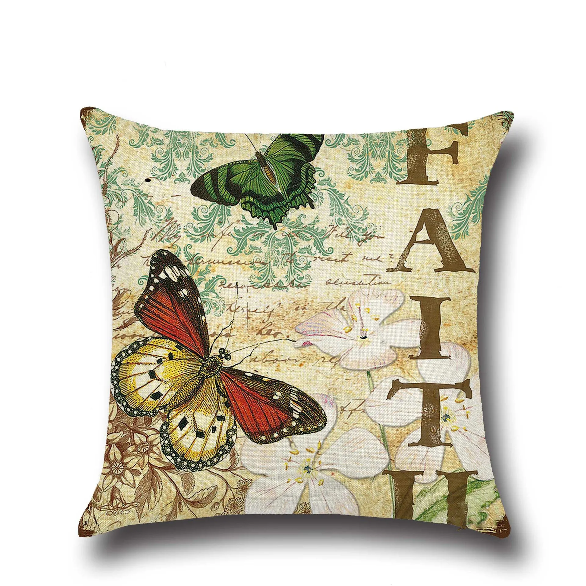 Grass Flower Butterfly Print Cushion Cover Vintage Letter Square Hug Pillowcase Lunch Break Comfortably Pillow Case 18inx18in
