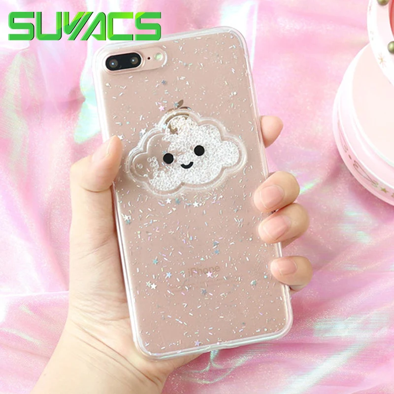 

SUYACS For iPhone 6 6S 7 8 Plus X Back Cover Glitter Powder Smile Cloud Flowing Beads Soft TPU Epoxy Clear Phone Case
