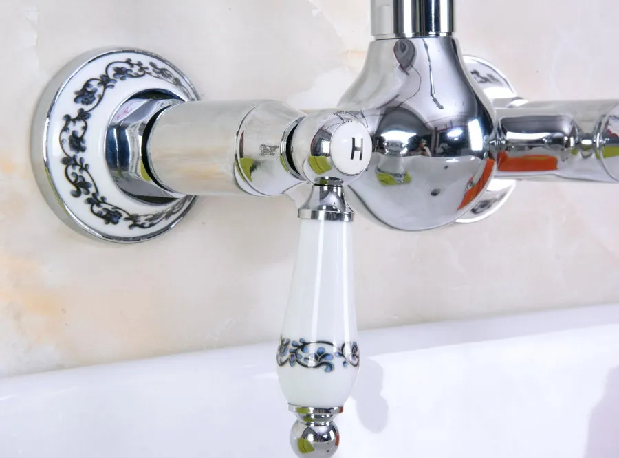 Polished Chrome Brass Wall Mounted Double Ceramic Handles Levers Bathroom Kitchen Sink Faucet Mixer Tap Swivel Spout anf964