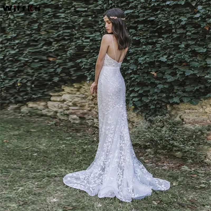 WJFFKS 2019 brida strap diamond neckline full embellishment elegant fit and flare sheath wedding dress backless sweep train|Свадебные