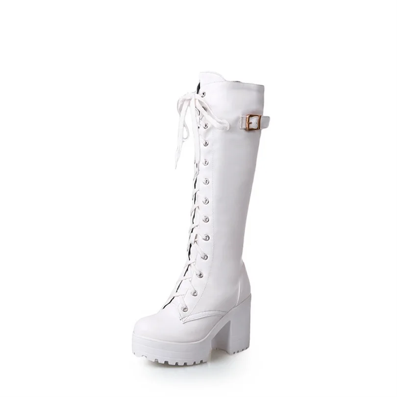 

White Ladies Knee High Boots Square Heel Platform Boots Winter Autumn Woman Punk Gothic Shoes Round Toe Lace Up