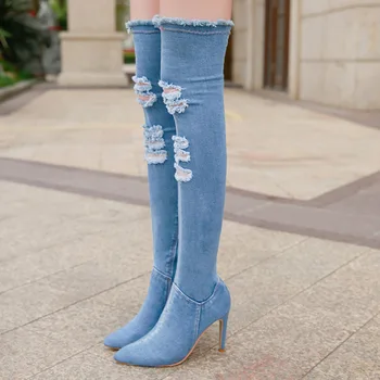 

Ho Heave Women Kneeboots New Style Fashion Ripped Jeans Comfortable Styetch Fabric Women Shoes Female Casual Breathable Boots