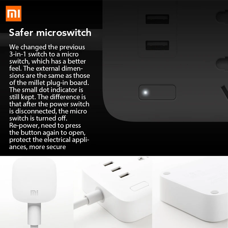 Xiaomi Mijia power Strip 1,8 m(5.9ft) 6 розеток 10A 250V 2500W 3USB порта 5V 2.1A Быстрая зарядка защита от перегрузки Высокое качество Pl