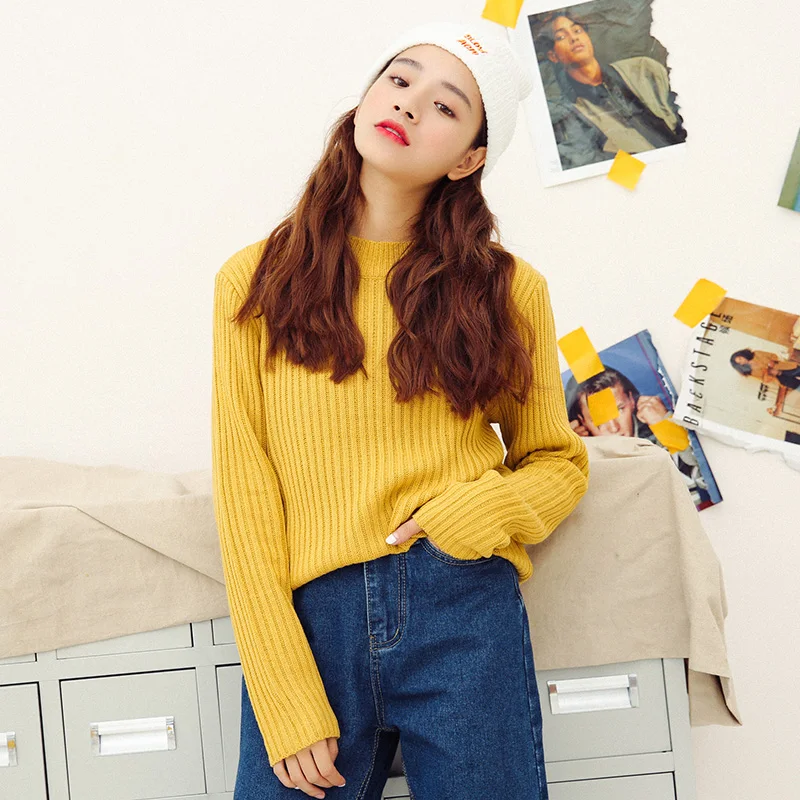 

2017 New Fashion Vintage Solid Striped Simple Fashion Slim All Match Female Long Sleeve Sweaters