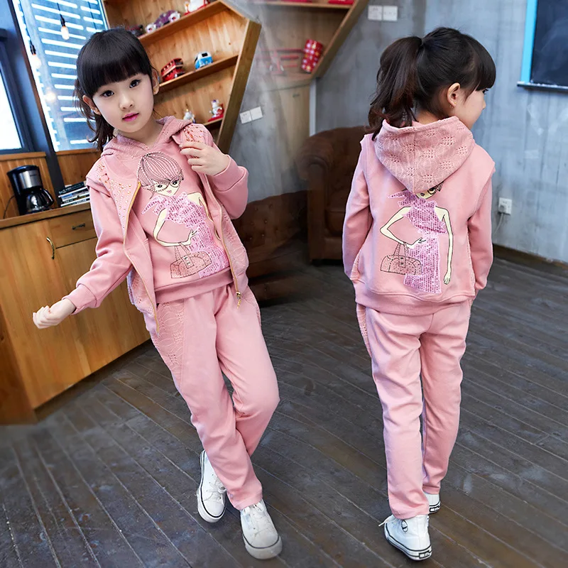 

2018 New Kids Girls Spring Autumn Fashion Cartoon Set Waistcoat + Hoodie + Pants Children Casual Sports Set 3 Pieces Suit