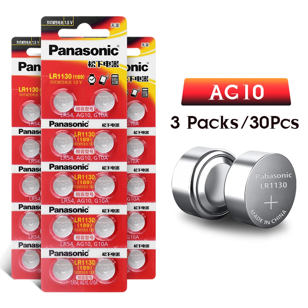 30 шт./лот Panasonic 1,5 V AG10 LR1130 щелочной AG10 389 LR54 SR54 SR1130W 189 LR1130 Батарея батареи LR 1130 кнопка плоский круглый аккумулятор