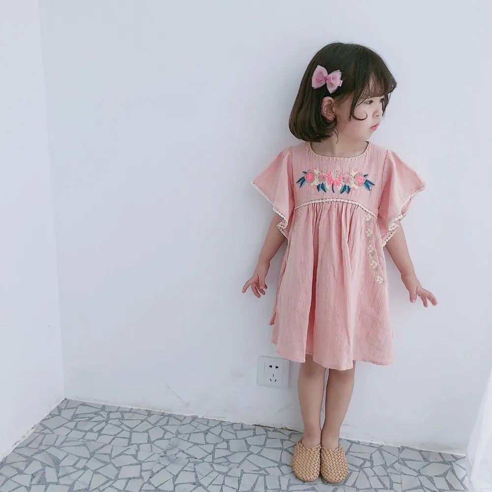 Детское платье г. Брендовые весенне-летние платья с короткими рукавами и цветочной вышивкой для девочек Новая Модная хлопковая одежда для маленьких детей