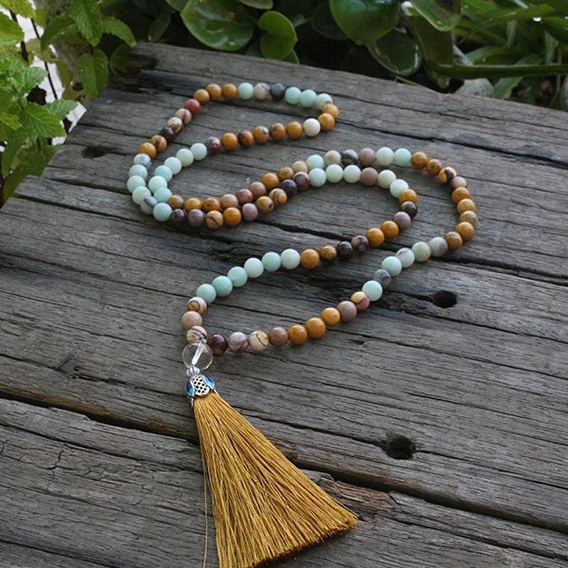 

8mm Amazonite Stone And Egg Yolk Stone JaPaMala Beads Necklace,Long Stone Necklace,108 Bead Mala,Mala Jewelry, Mala Prayer Beads