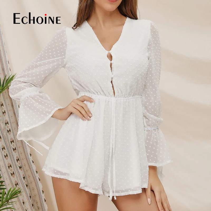 Prix Sexy élégant mousseline de soie solide combinaison barboteuse femmes flare manches courtes combinaison taille haute combishort bohème été plage salopette