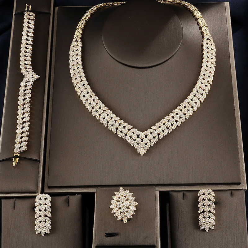

Necklace Earring Ring Bracelet Set European And American Fashion Simple Version Of The Chain Wedding Bridal Party Jewelry Set