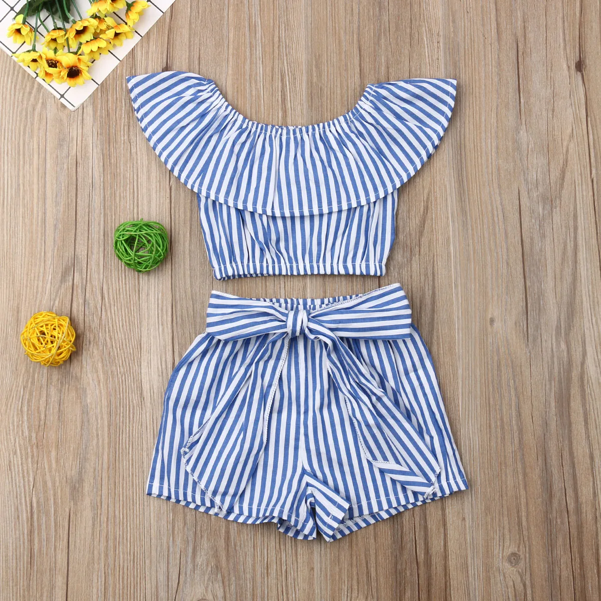 

Emmababy Summer Toddler Baby Girl Clothes Off Shoulder Striped Ruffle Cropped Tops Short Pants 2Pcs Outfits Summer Clothes