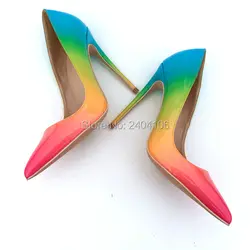 Shooegle Дизайн разноцветные Лакированная кожа Радуга обувь Для женщин офисные Вечерние обувь Острый носок Модные на высоком каблуке-шпильке