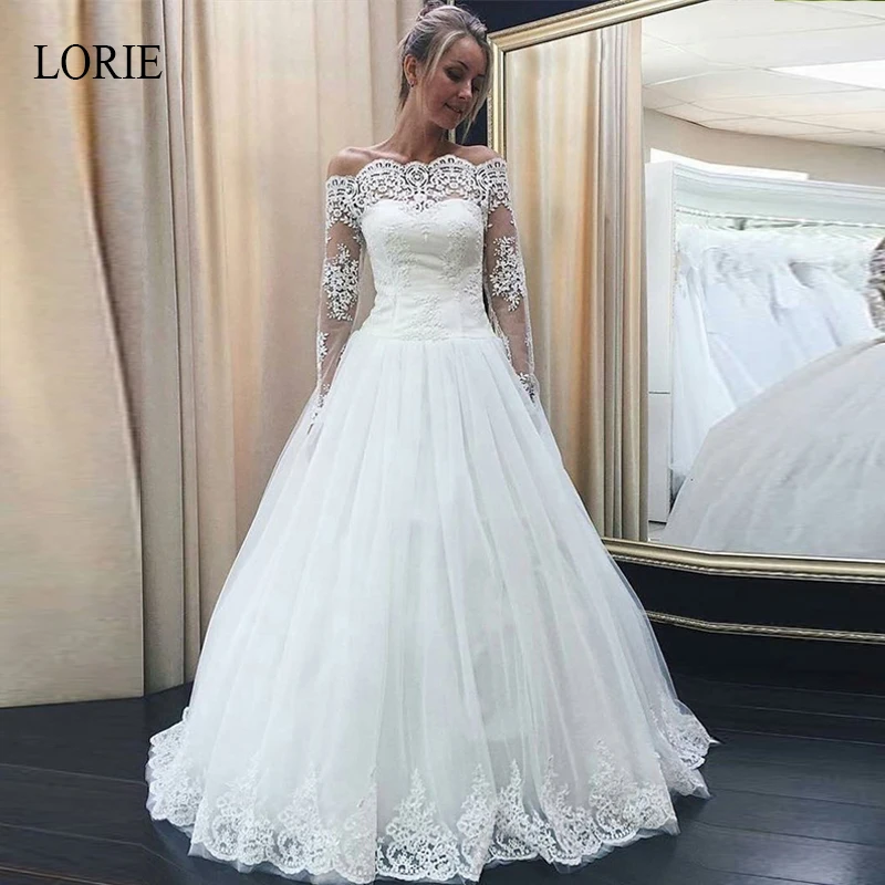 

LORIE Boho Wedding Dresses 2019 Tulle With Appliques Lace A Line Bride Dress Off the Shoulder Floor-Length vestido de noiva