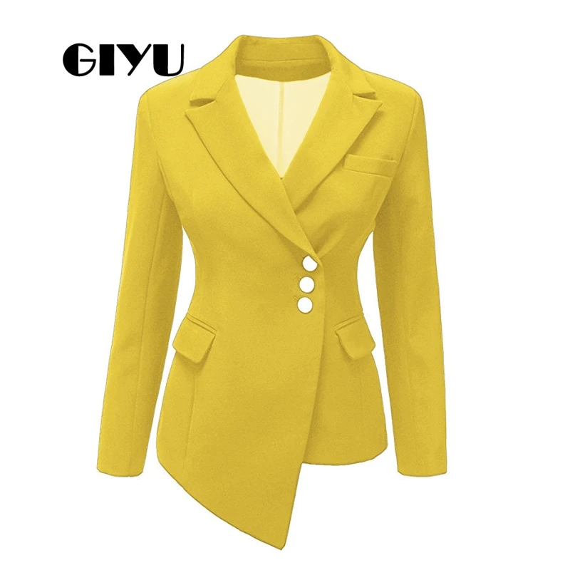 

GIYU Asymmetry Women Long Sleeve Blazer Business Jackets Pockets Office Lady Buttons Casual 2019 camiseta mujer