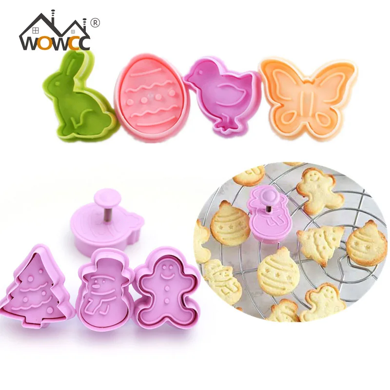 

4pcs Cookie Stamp Biscuit Mold Snowman Cookie Plunger Cutter Easter Rabbit Egg Biscuit Mold Christmas Cookie Cutters Baking Mold