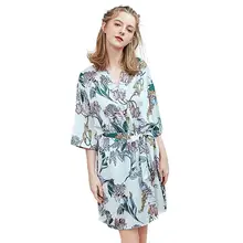 Модный халат Сексуальная женская шелковая ночная рубашка с коротким рукавом с v-образным вырезом и принтом Ночная одежда с поясом осеннее летнее ночное белье