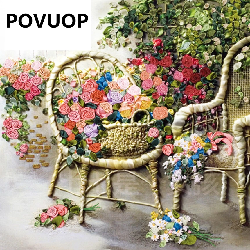 Вышивка из ленты POVUOP 70x55 см Новое поступление модные картины мебель романтичная