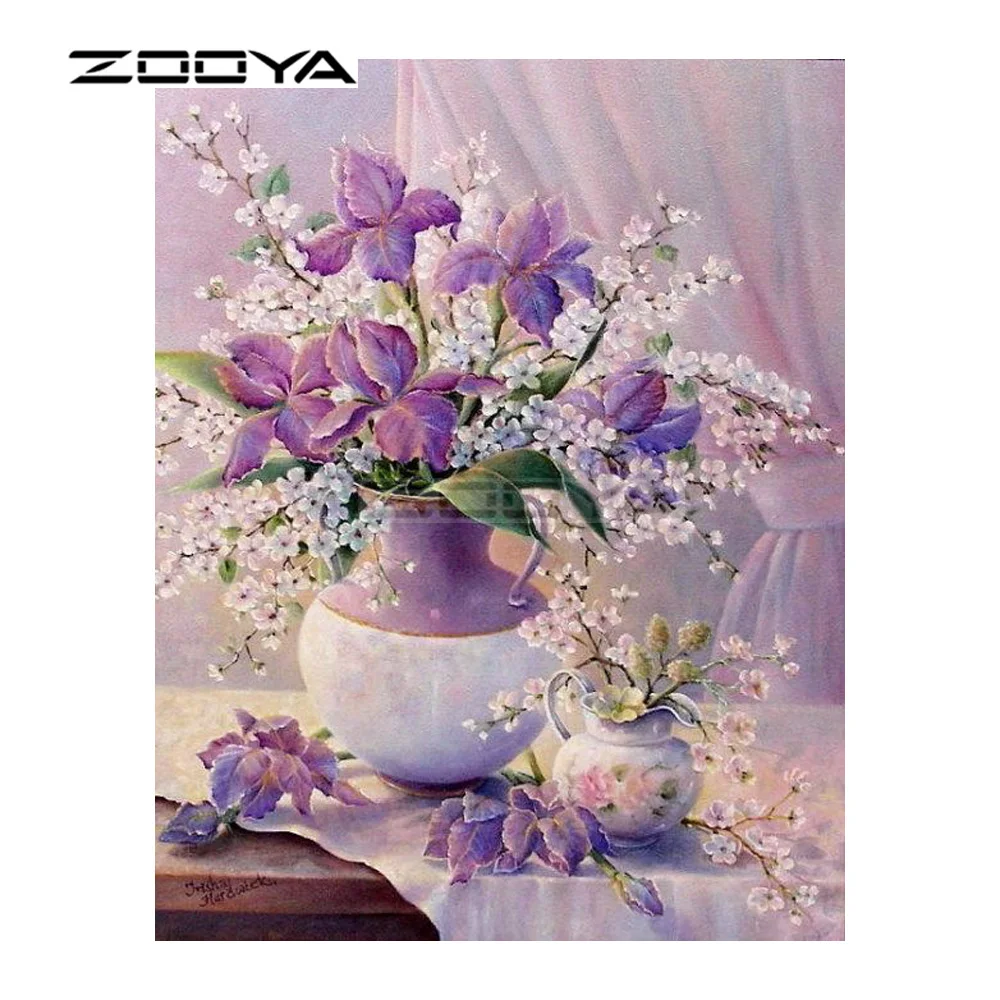 ZOOYA 5D DIY Diamond Embroidery Purple Flowers Vase Painting Mosaic Round Cross Stitch Christmas R173 | Дом и сад