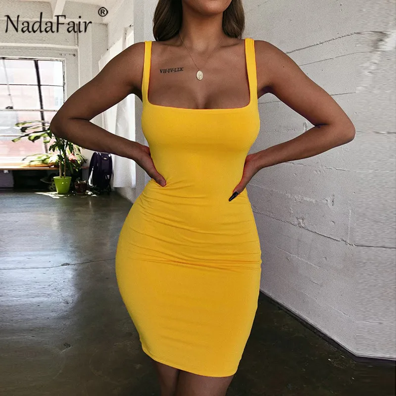 Nadafair обтягивающее, с вырезом на спине летнее платье Для женщин Мини платье с открытыми плечами для клуба вечерние платье плюс Размеры Vestidos неоновый зеленый желтый оранжевый - Цвет: Цвет: желтый