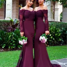 Бургундия платья подружки невесты для женщин Русалка с открытыми плечами кружева бисером Длинные Дешевые под 50 свадебные платья