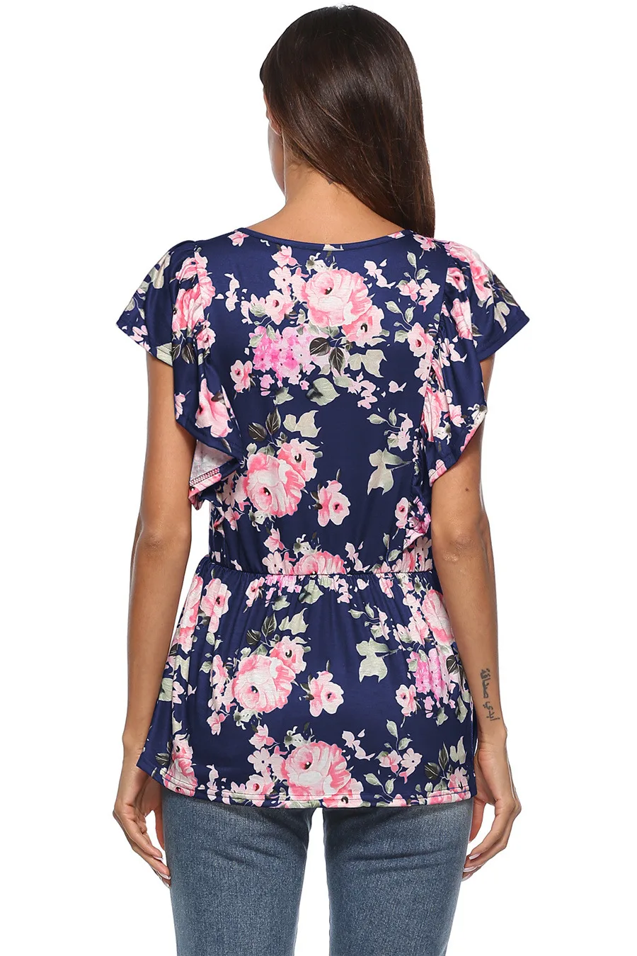 Gladiolus 2018 Floral Print Women T-Shirts O-Neck Butterfly Sleeve Blue Red Slim T Shirt Women Summer Casual Ruffled Ladies Tops (11)