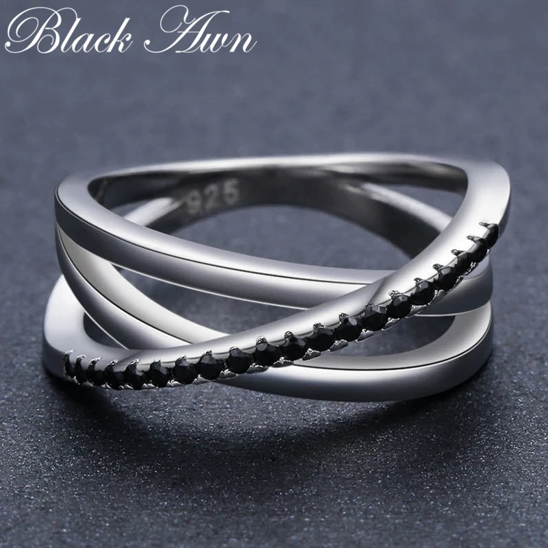 Silver Ring Wedding Rings Black Spinel For Women Baguet Row Engagement