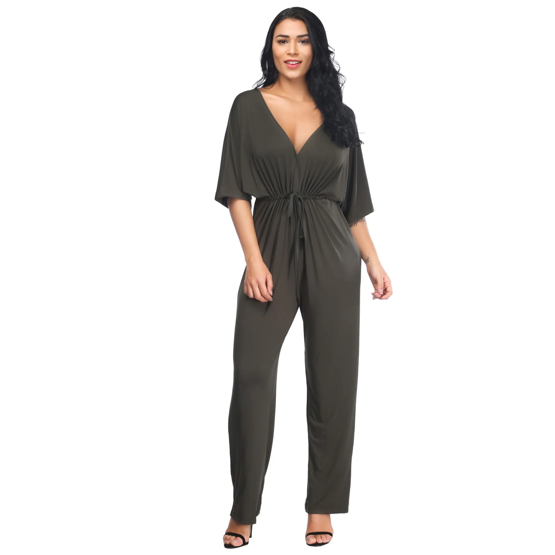 

Loose Jumpsuit Sexy V Collar Overalls Pure Plus Size Jumpsuit Short Sleeve Drawstring Pants Suits